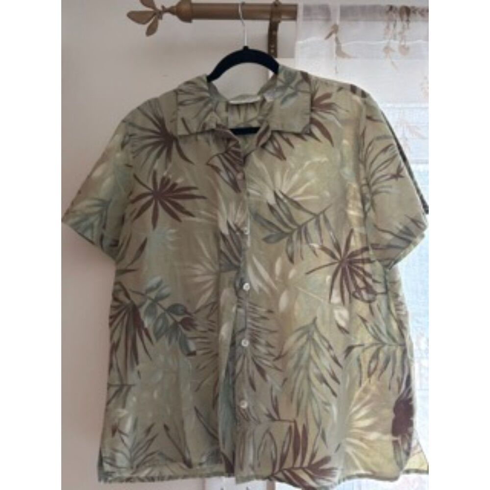Lemon Grass Tropical Leaf Print Linen Blend Button Front Blouse Large